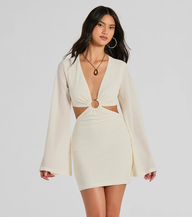 Perfect Vacation Long Sleeve V-Neck Cutout Mini Dress, a trendy ivory mini dress featuring modern details and a fresh seasonal hue, perfect for creating chic 2025 looks.