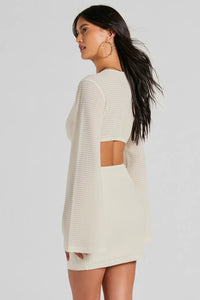 long sleeve twist neckline cut out mini dress in beige Miami Nights Cowl Neckline Twist Feature Mini Dress Sequin Beige