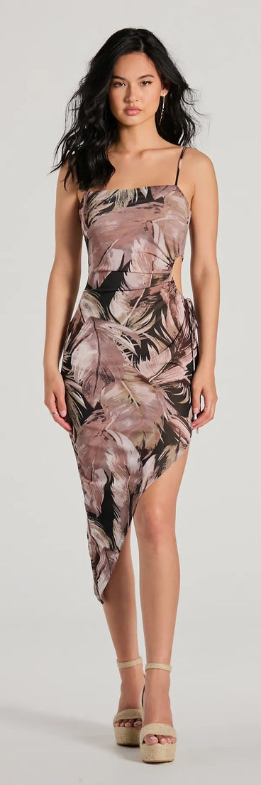 The midi dress length on the Getaway Bound Cutout Tropical Mesh Midi Dress provides an elevated silhouette perfect for any party, occasion, or everyday styling.