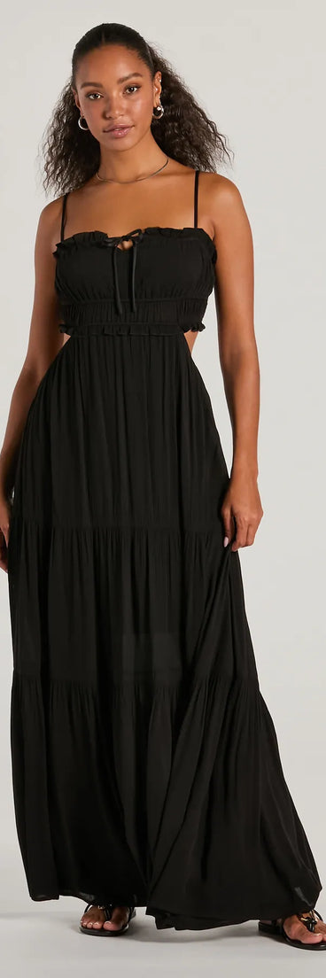 Essential for vacations or summer days, the Breezy Look Ruffled Cutout Woven Maxi Dress is a sundress or milkmaid dress with sleek and flirty details.