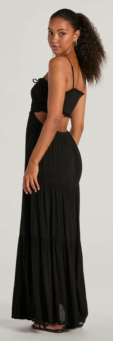 The Breezy Look Ruffled Cutout Woven Maxi Dress is a casual dress for more than special occasions with a fitted or flowy silhouette and accents in the most recent trends!