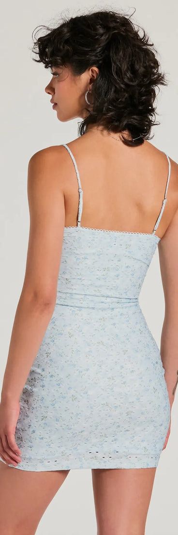 The Dose Of Sweetness Bodycon Floral Mini Dress is a mini dress in light blue, perfect for an above-the-knee holiday party dress or a stylish NYE look, with a short hemline designed to make a winter statement.