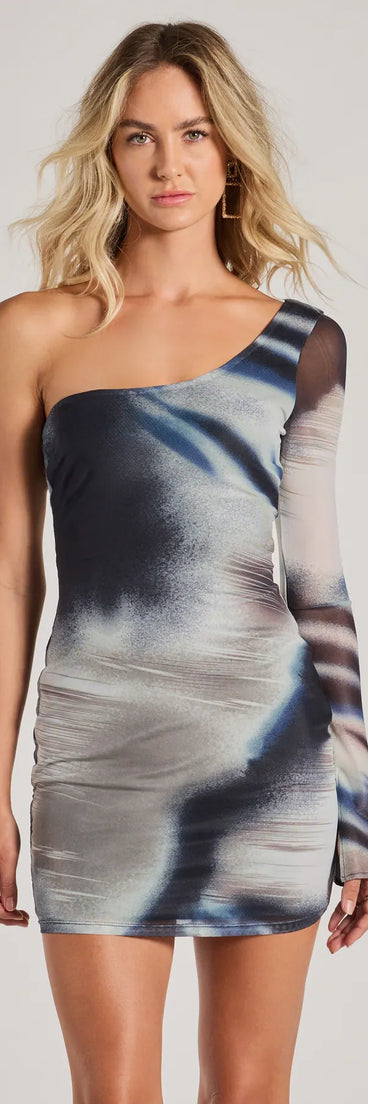 Sensational Allure One-Shoulder Abstract Mini Dress, a trendy off-white mini dress featuring modern details and a fresh seasonal hue, perfect for creating chic 2025 looks.