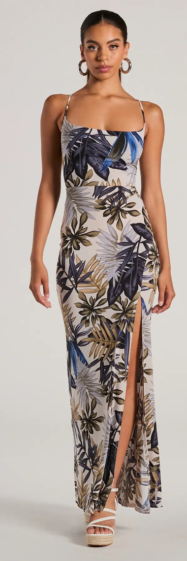 Summer Vacay Lace-Up Tropical Maxi Dress