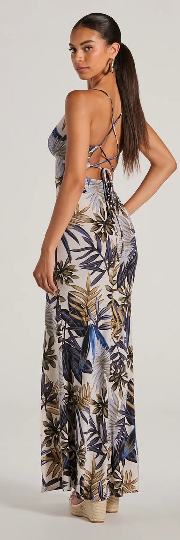 Summer Vacay Lace-Up Tropical Maxi Dress