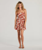 Step into winter chic with the Sunshine On My Mind Strapless Tropical Skater Dress, a rust mini dress featuring an above-the-knee cut ideal for cocktail parties, festive gatherings, or clubwear.