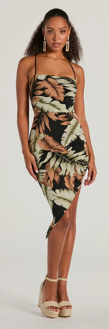 Follow The Sun Lace-Up Tropical Midi Dress