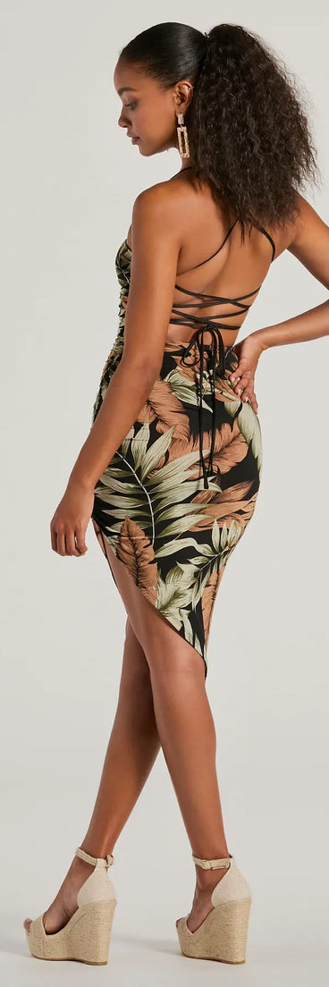 Follow The Sun Lace-Up Tropical Midi Dress
