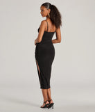 Truly Chic High Slit Bodycon Midi Dress in black, a stunning graduation dress with a flattering fit and elevated details, perfect for grad dinners or commencement celebrations.