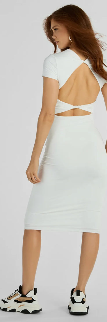 Make a statement in the Sultry Deets Cap Sleeve Open Twist Back Midi Dress, a white bodycon dresses that blends unique design details with a tight silhouette for a head-turning holiday or New Year's eve dress.