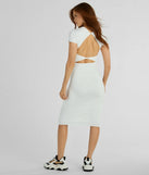 Make a statement in the Sultry Deets Cap Sleeve Open Twist Back Midi Dress, a white bodycon dresses that blends unique design details with a tight silhouette for a head-turning holiday or New Year's eve dress.