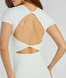 Make a statement in the Sultry Deets Cap Sleeve Open Twist Back Midi Dress, a white bodycon dresses that blends unique design details with a tight silhouette for a head-turning holiday or New Year's eve dress.