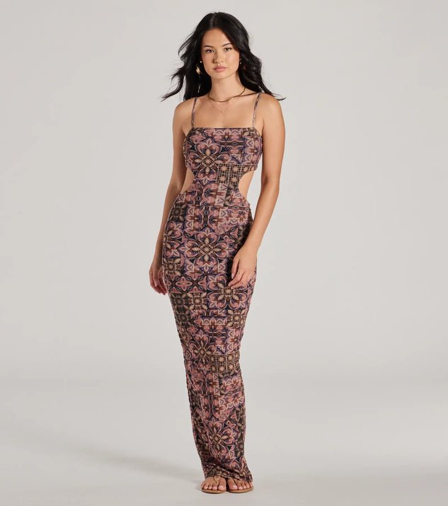 The stunning Serving Vibes Cutout Geometric Mesh Maxi Dress provides a chic silhouette and party-ready details that make it a standout black dress for cocktail events, New Year's Eve parties, or as a winter wedding guest look.