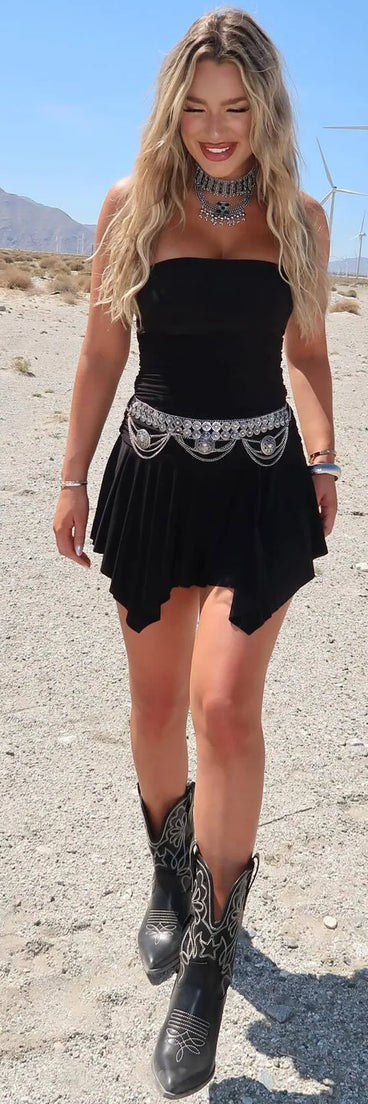 Soak up the season in the Flouncin' Around Strapless Ruffle Mini Dress, a black sundress styled for easy days, outdoor plans, and everything in between.