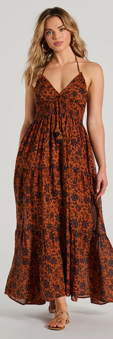 Stunning One Halter V-Neck Ruffle Floral Maxi Dress