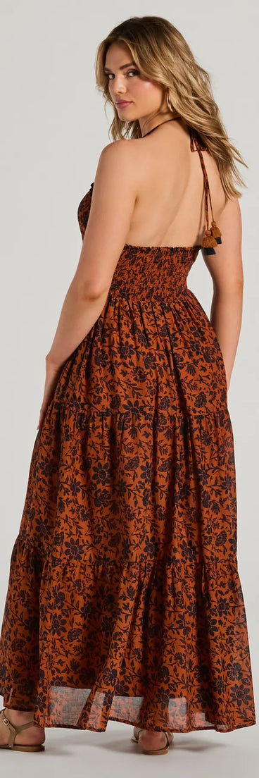 Stunning One Halter V-Neck Ruffle Floral Maxi Dress