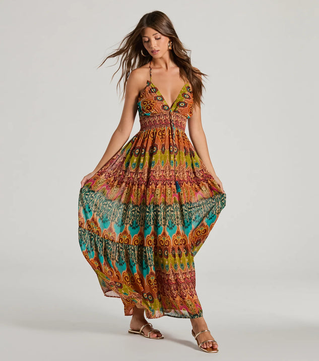 blue dress for baby girl Summer Dreams Halter V-Neck Boho Chiffon Maxi Dress