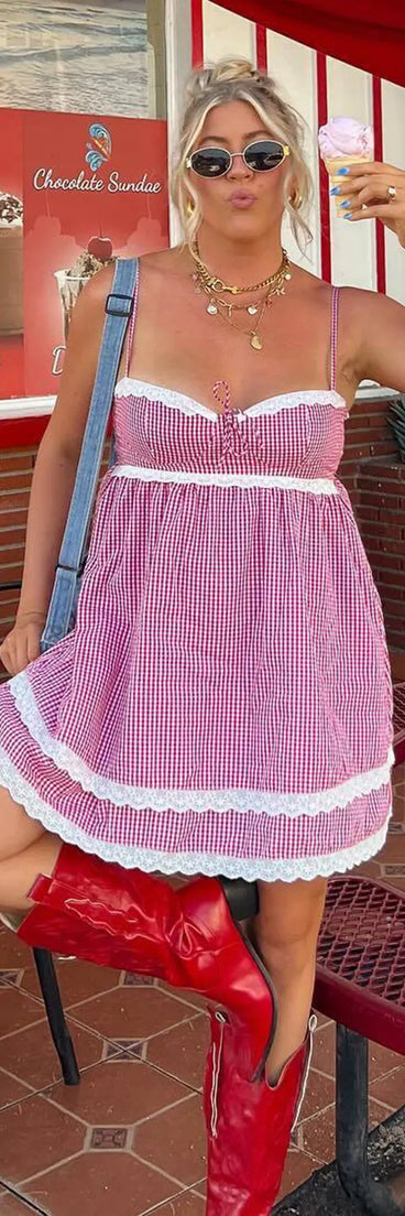 Soak up the season in the Life's A Picnic Sweetheart Lace Gingham Mini Dress, a red sundress styled for easy days, outdoor plans, and everything in between.