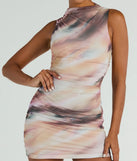 Step into seasonal chic with the Set To Amaze Mock Neck Abstract Mini Dress, a taupe mini dress featuring an above-the-knee cut ideal for cocktail parties, festive gatherings, or clubwear.