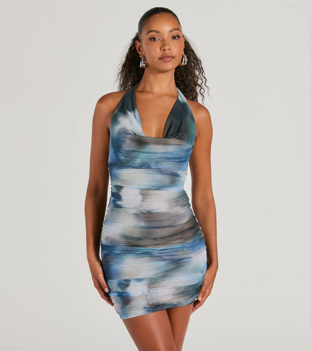 Step into winter chic with the Make An Impression Cowl Neck Bodycon Mini Dress, a blue mini dress featuring an above-the-knee cut ideal for cocktail parties, festive gatherings, or clubwear.