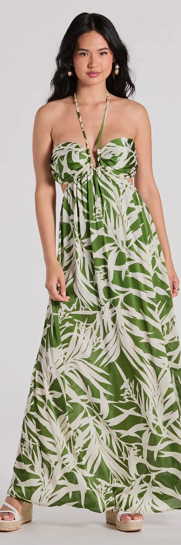 Bright Beauty Halter Cutout Tropical Maxi Dress
