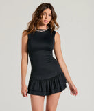 Step into seasonal chic with the Confident Moves Crew Neck Ruffled Mini Dress, a black mini dress featuring an above-the-knee cut ideal for cocktail parties, festive gatherings, or clubwear.