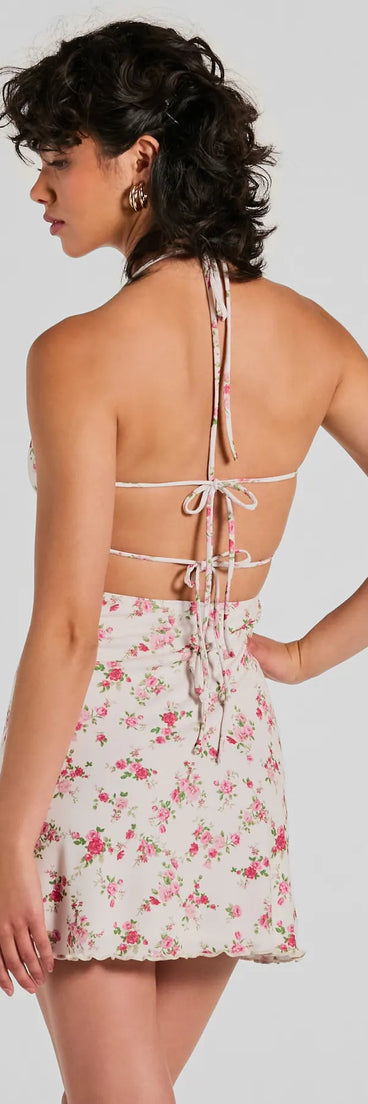 Summer Loving Halter Strappy Floral Mini Dress, a trendy ivory mini dress featuring modern details and a fresh seasonal hue, perfect for creating chic 2025 looks.