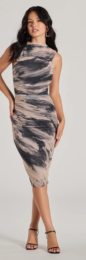 Revamp your 2025 wardrobe with this chic addition, the Endlessly Effortless Crew Neck Abstract Midi Dress in taupe, perfect for elevating your style in the new year.