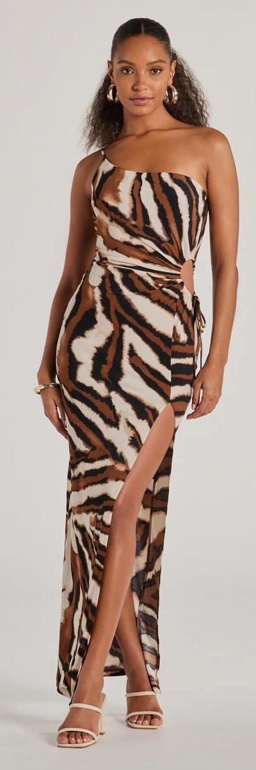 A Little Wild One-Shoulder Zebra Print Maxi Dress