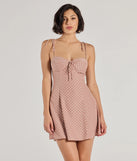 Step into winter chic with the Perfectly Poised Sweetheart Polka Dot A-Line Dress, a peach mini dress featuring an above-the-knee cut ideal for cocktail parties, festive gatherings, or clubwear.