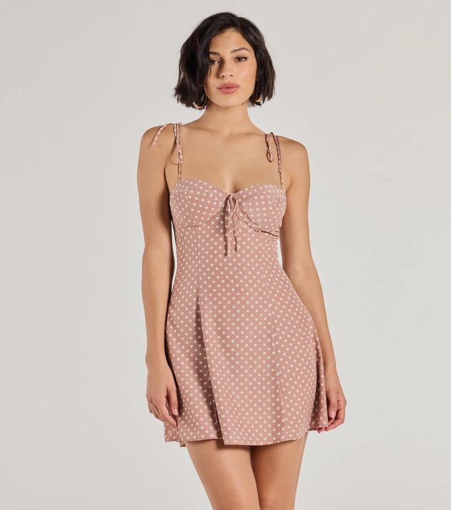 Step into winter chic with the Perfectly Poised Sweetheart Polka Dot A-Line Dress, a peach mini dress featuring an above-the-knee cut ideal for cocktail parties, festive gatherings, or clubwear.