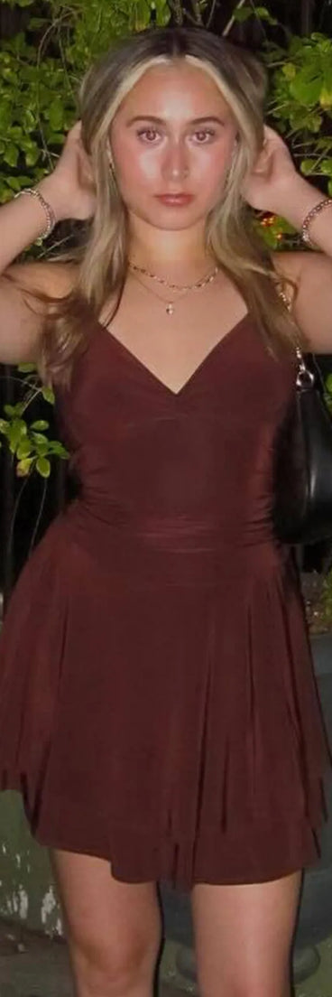 Whether you're headed to brunch or running errands, the Sassy Style Ruched Knit Halter Skater Dress in brown delivers effortless style in a breathable, go-to casual dress.