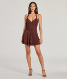 Make a bold statement in the Sassy Style Ruched Knit Halter Skater Dress in brown, the perfect spring dress for weddings, cocktail hours, nights out, and/or seasonal celebrations.