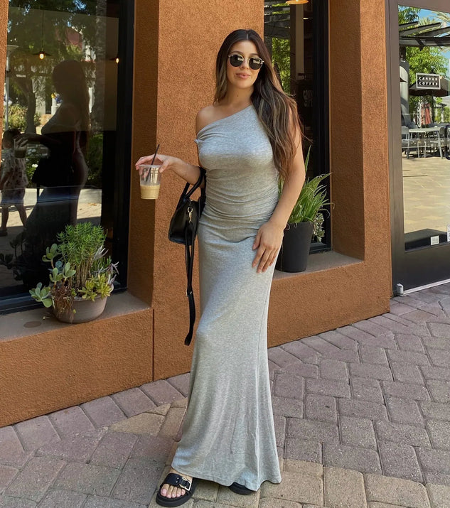 white christmas dresses Casual Chic Ruched Ribbed Knit Maxi Dress