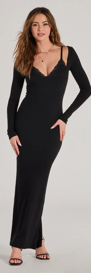 The Layered In Glam Ribbed Knit Long Sleeve Maxi Dress is a stylish black lace dress, designed with intricate lace and an alluring silhouette, making it an elegant choice for Valentine's Day, weddings, or effortless spring looks.
