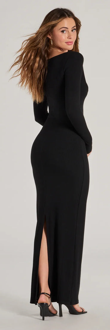 Revamp your 2025 wardrobe with this chic addition, the Layered In Glam Ribbed Knit Long Sleeve Maxi Dress in black, perfect for elevating your style in the new year.