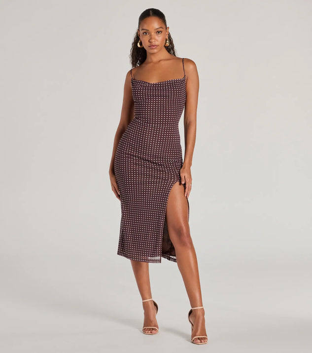 The Class Act Cowl Neck Polka Dot Midi Dress is a brown dress, an essential holiday or NYE dress that pairs chic style with versatility making it perfect for cocktail events, New Year's Eve parties, or as a winter wedding guest look.