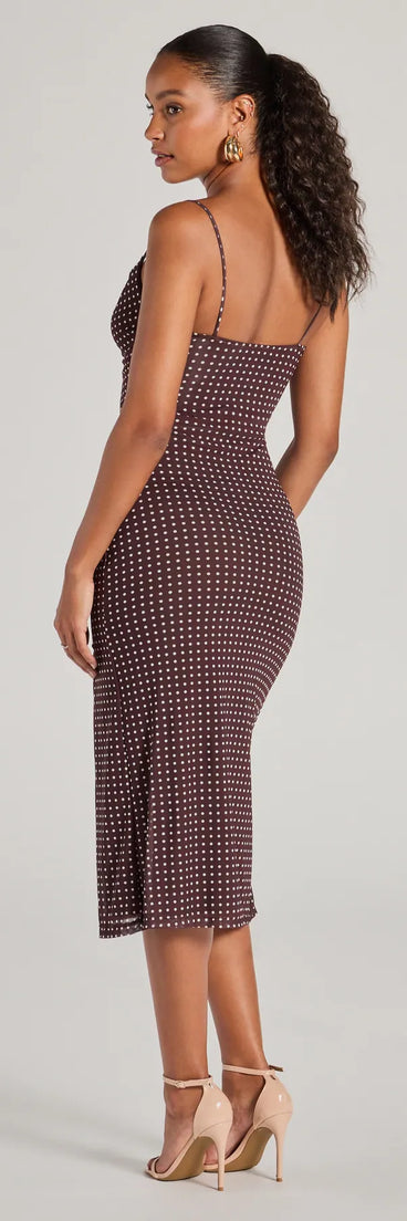 The Class Act Cowl Neck Polka Dot Midi Dress is a brown dress, an essential holiday or NYE dress that pairs chic style with versatility making it perfect for cocktail events, New Year's Eve parties, or as a winter wedding guest look.