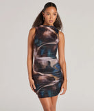 Step into seasonal chic with the Artsy Nature Sleeveless Abstract Mesh Mini Dress, a brown mini dress featuring an above-the-knee cut ideal for cocktail parties, festive gatherings, or clubwear.
