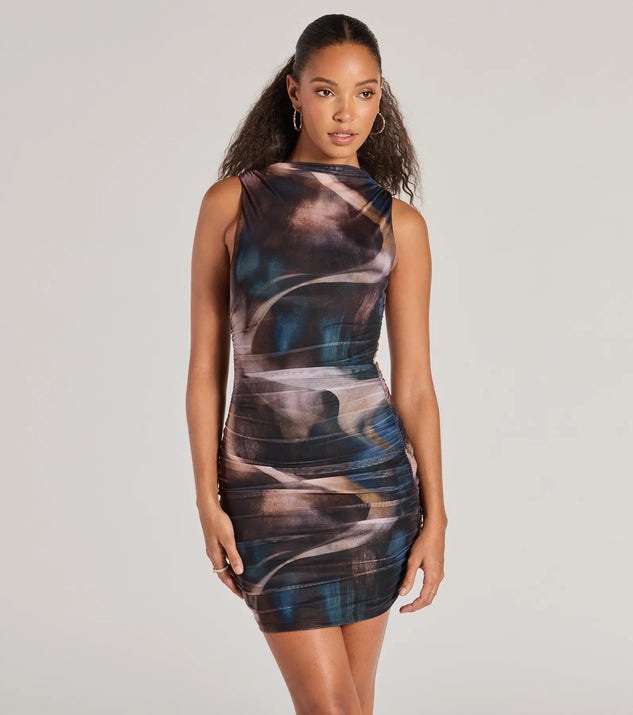 Step into seasonal chic with the Artsy Nature Sleeveless Abstract Mesh Mini Dress, a brown mini dress featuring an above-the-knee cut ideal for cocktail parties, festive gatherings, or clubwear.