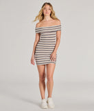 Revamp your 2025 wardrobe with this chic addition, the Stylishly Striped Knit Off-The-Shoulder Mini Dress in taupe, perfect for elevating your style in the new year.