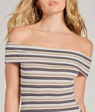 Revamp your 2025 wardrobe with this chic addition, the Stylishly Striped Knit Off-The-Shoulder Mini Dress in taupe, perfect for elevating your style in the new year.