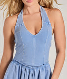 Step into seasonal chic with the So Fab Drop Waist Halter Skater Dress, a denim mini dress featuring an above-the-knee cut ideal for cocktail parties, festive gatherings, or clubwear.