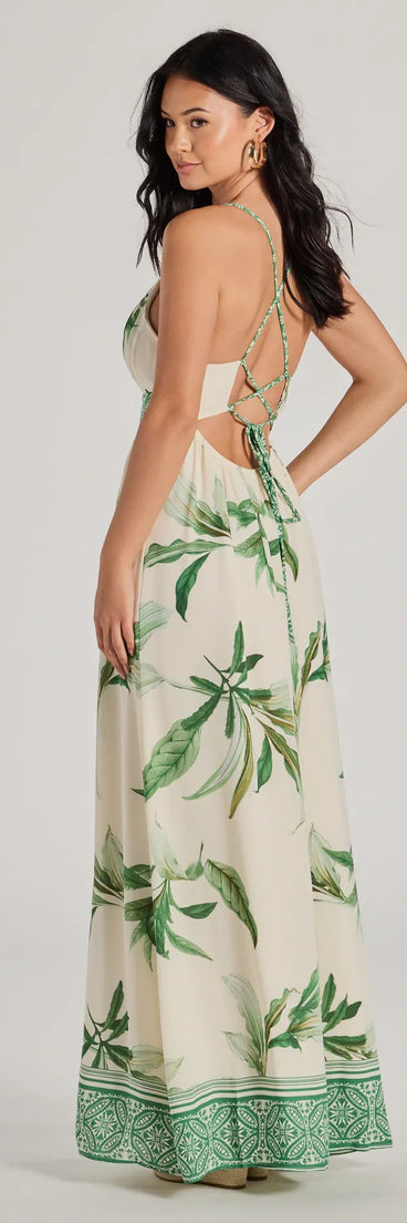 The Fiji Feeling Sleeveless Lace-Up Tropical Maxi Dress is a casual dress for more than special occasions with a fitted or flowy silhouette and accents in the most recent trends!