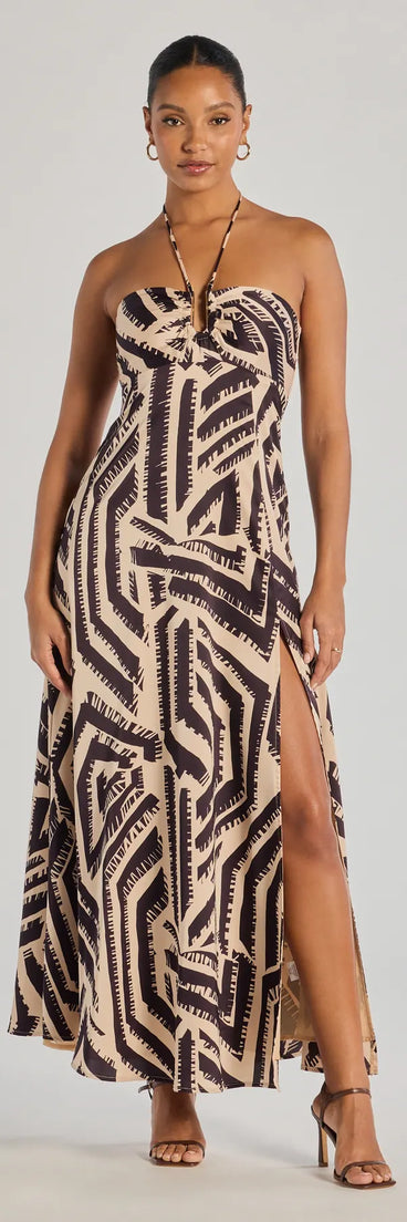 Make a bold statement in the Chic Breezes Halter Boho Satin Maxi Dress in black, the perfect summer dress for weddings, cocktail hours, nights out, and/or seasonal celebrations.