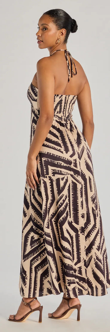 Whether you're headed to brunch or running errands, the Chic Breezes Halter Boho Satin Maxi Dress in black delivers effortless style in a breathable, go-to casual dress.