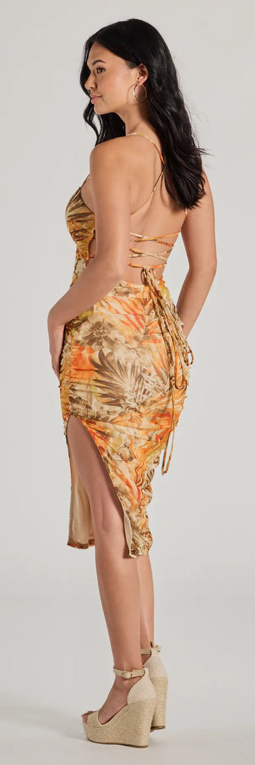 Show Off Your Glow Tropical Lace-Up Midi Dress