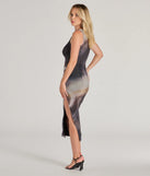 The Abstract Marble Sleeveless Mesh Midi Dress in charcoal is a women's workwear piece offering a trendy style and unique accents, perfect for effortlessly creating an outfit-of-the-day look that transitions your office look to going-out ready.