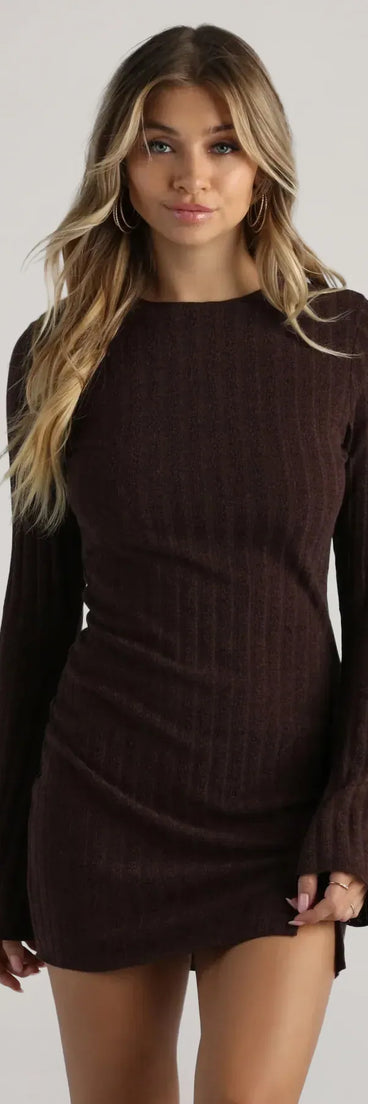 Casual Chills Long Sleeve Slit Mini Dress, a trendy brown mini dress featuring modern details and a fresh seasonal hue, perfect for creating chic 2025 looks.