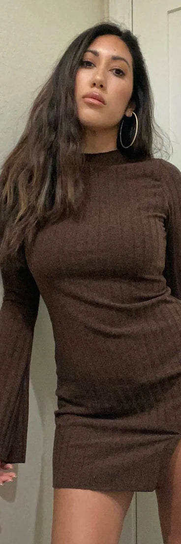 Casual Chills Long Sleeve Slit Mini Dress, a trendy brown mini dress featuring modern details and a fresh seasonal hue, perfect for creating chic 2025 looks.